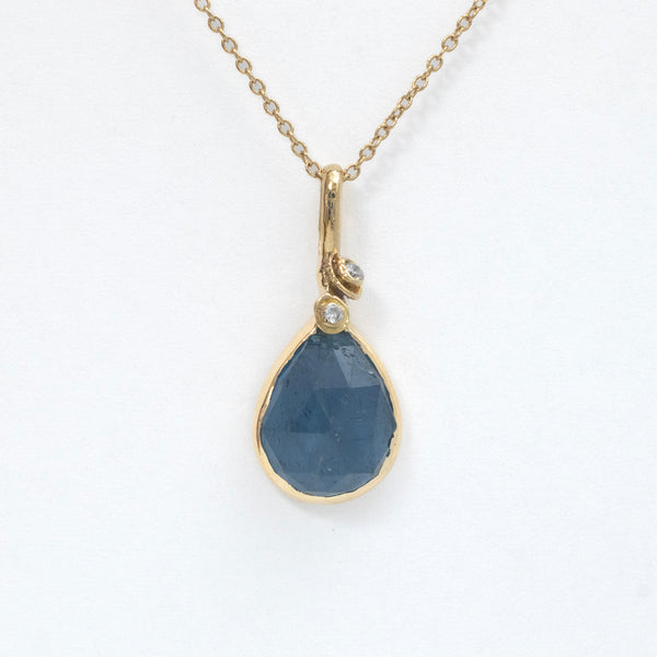 Waterlily blue sapphire and double diamond pendant- 18k gold