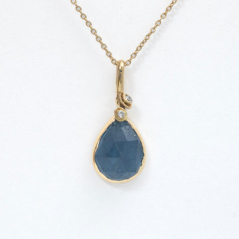 Waterlily blue sapphire and double diamond pendant- 18k gold