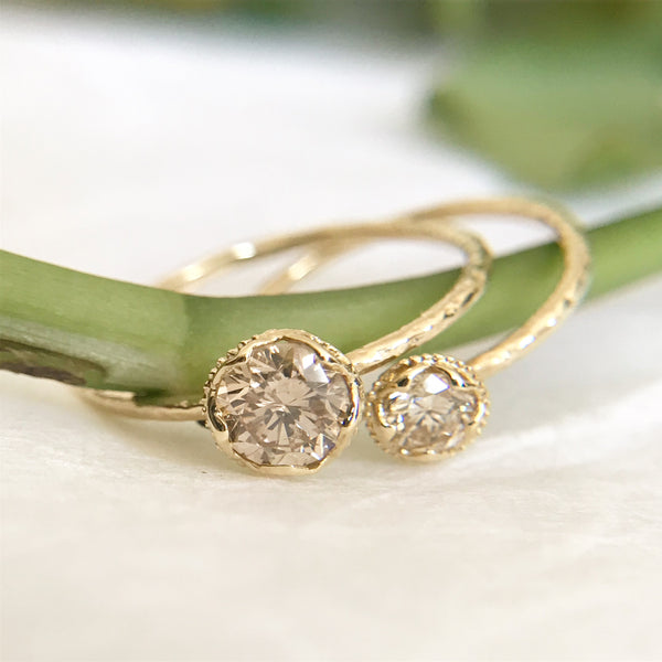 One large diamond ring and one small diamond ring styled on the stem of a leaf.