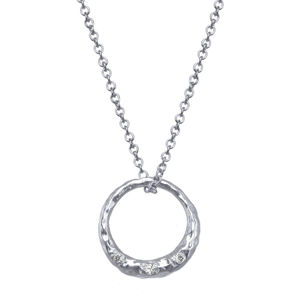 Crescent Moon Circle Full Moon Necklace Pendant with white diamonds in sterling silver.