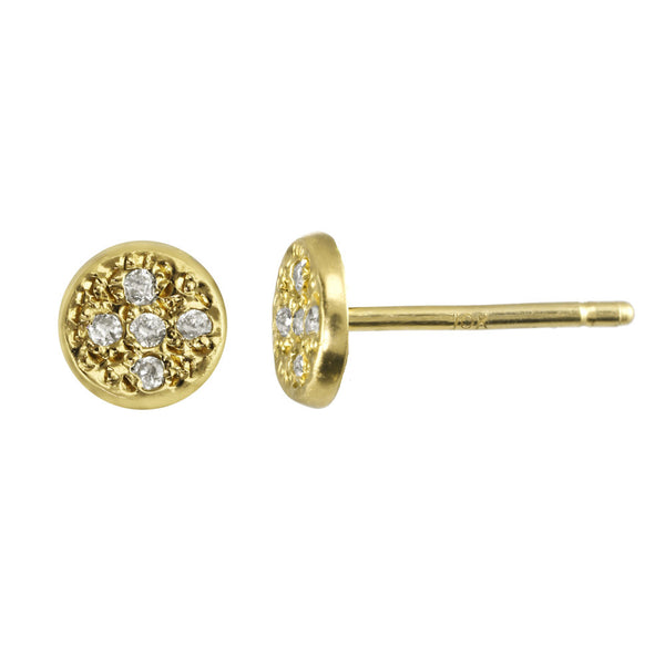 Circular stud earrings with bezeled pebble diamonds in gold.
