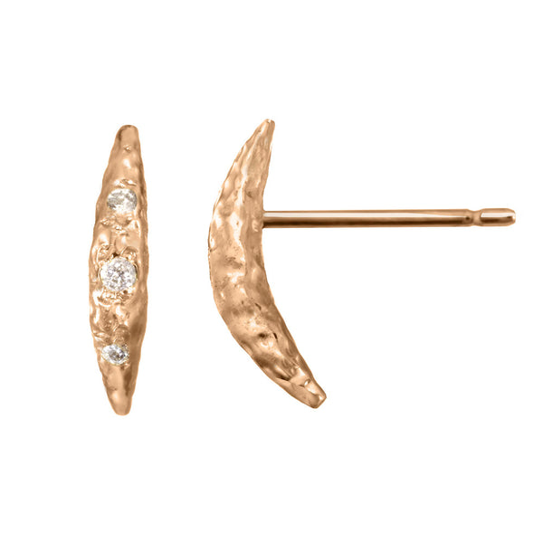 Small Crescent Moon Half Moon Stud Earrings with white diamonds in 14kt and 18kt rose gold