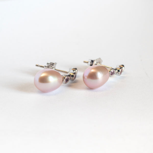 Pearl earrings with pink sapphires - 18k white gold
