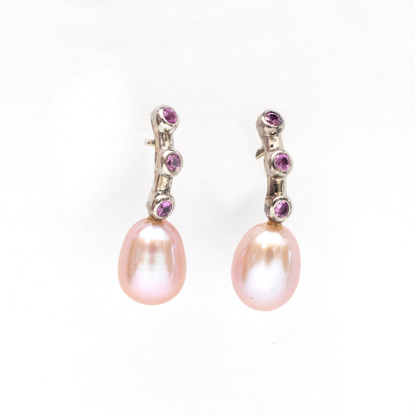 Pearl earrings with pink sapphires - 18k white gold