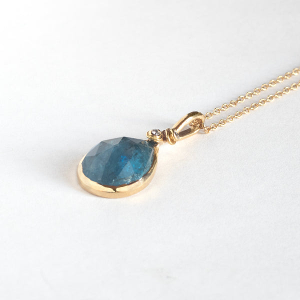 Waterlily blue sapphire and double diamond pendant- 18k gold