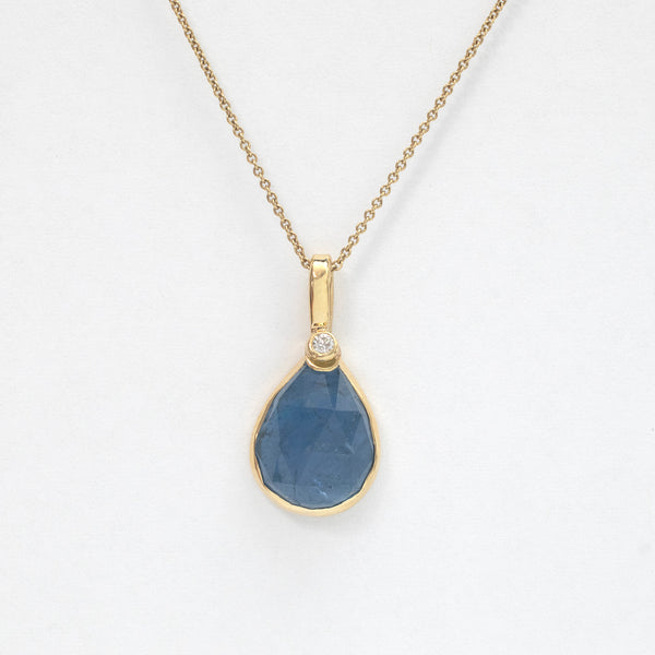 Waterlily blue sapphire and single diamond pendant - 18k gold