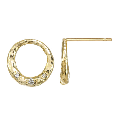 Crescent Moon Circle Full Moon Stud Earrings with white diamonds in 14kt and 18kt gold