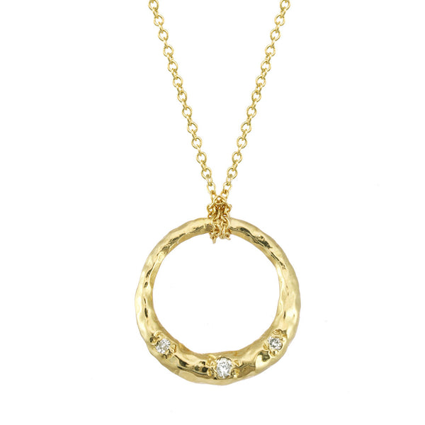 Crescent Moon Circle Full Moon Necklace Pendant with white diamonds in 14kt and 18kt gold.