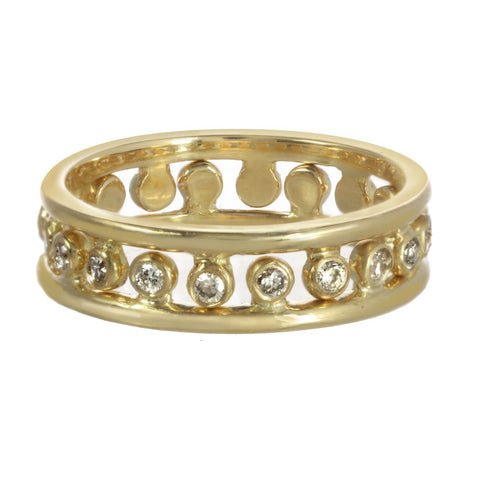 A pair of infinite constellation side rings with diamonds or sapphires in yellow gold.