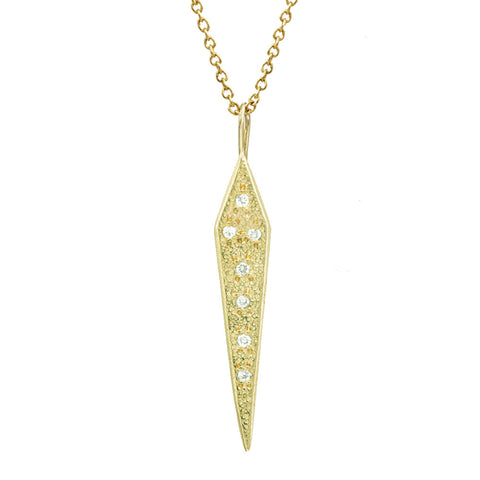 large diamond dagger pendant necklace in gold. Tiny white diamonds in a geometric shape.