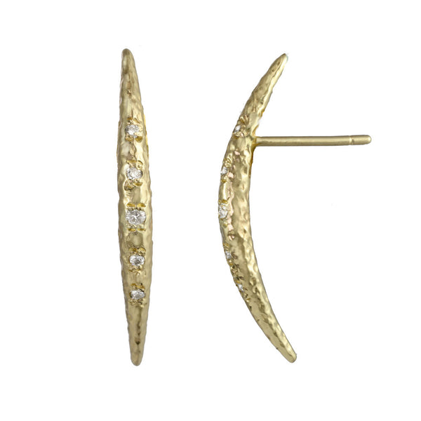 Crescent Moon Half Moon Stud Earrings with white diamonds in 14kt and 18kt gold