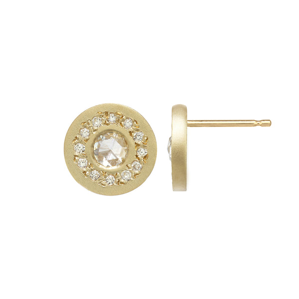Gold circle studs with a diamond center stone and tiny diamond halo around the center.