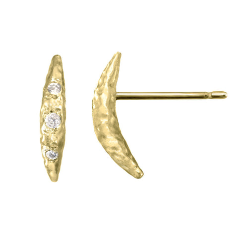 Small Crescent Moon Half Moon Stud Earrings with white diamonds in 14kt and 18kt gold