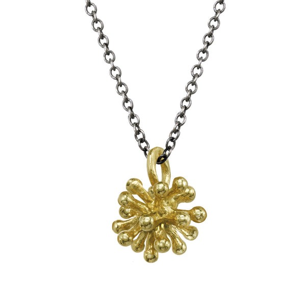 Small 14kt and 18kt Dandelion Flower Pendant Necklace with oxidized silver chain