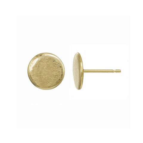 Small gold circle stud earrings.