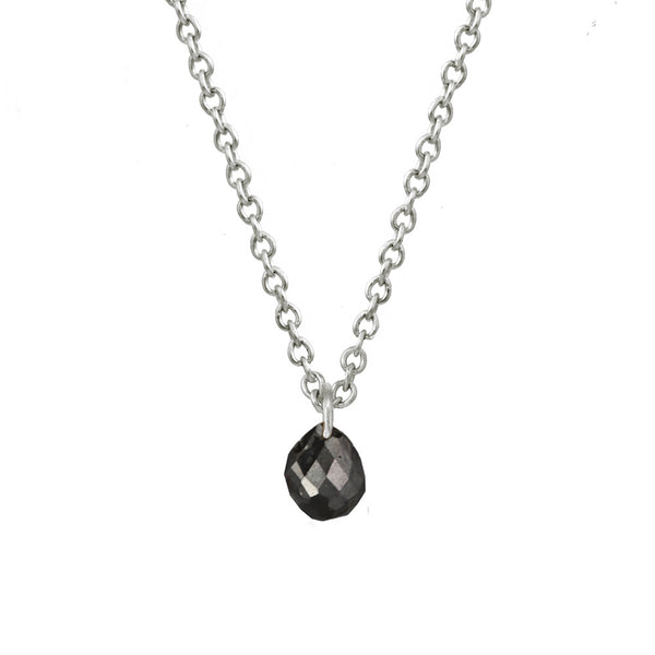 Tiny Constellation drop necklace with small black diamond on a white gold chain.