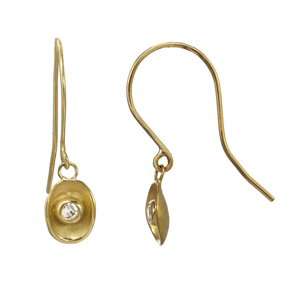 Waterlily inspired dangling gold earrings with a gold fishhook.