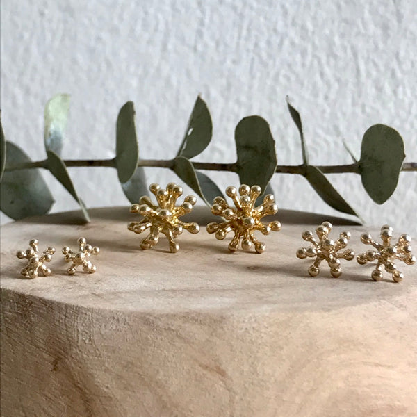 Tiny dandelion flower studs, small dandelion flower studs and medium dandelion flower studs on a birch base with eucalyptus leaf.